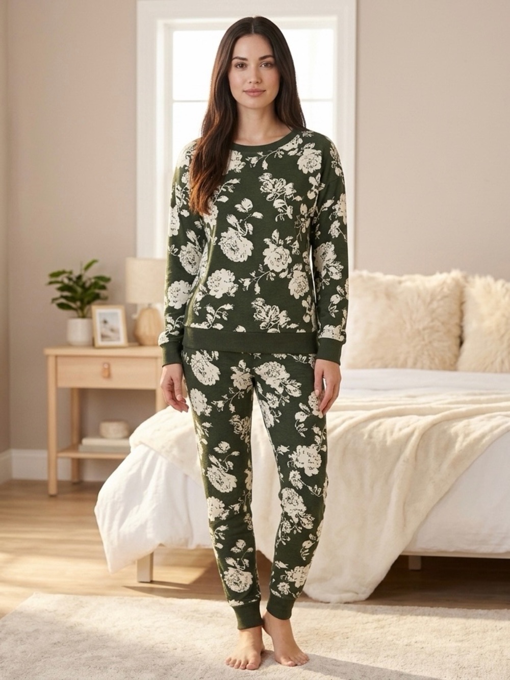 NWT Honeydew Super Soft 2PC Pajama Set Olive Floral Cozy Lounge M